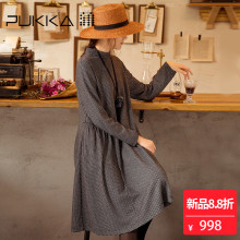 Pukka蒲牌棉羊毛呢格纹连衣裙女原创设计女装秋冬装女2018新款图片