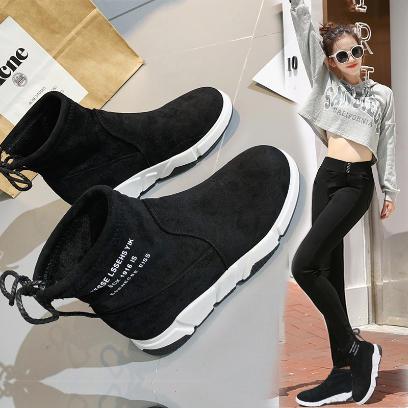 Martin Boots Women's Winter 2018 New Korean Versatile Flat Bottom Short Boots Student plush insulated cotton shoes Snow boots