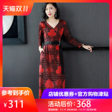 隆缘裳中长款连衣裙2018冬季新款复古印花系带高腰裙子3978图片