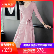 隆缘裳针织连衣裙2018秋冬新款女韩版修身气质v领长袖中长裙 3850图片