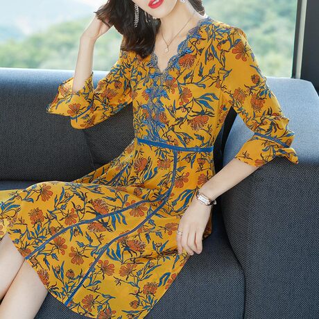 隆缘裳2018春装新女款桑蚕丝中长裙收腰时尚真丝印花连衣裙潮8229商品大图