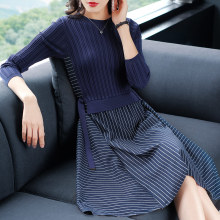 隆缘裳春装新款女2018时尚条纹长袖拼接修身假两件针织连衣裙7950图片
