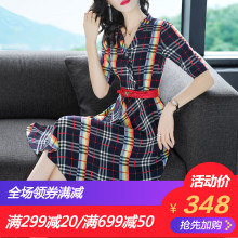 隆缘裳2018夏季新款气质时尚A字裙显瘦V领撞色条纹个性连衣裙1231图片