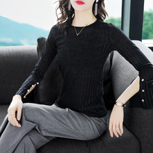 隆缘裳2018新款时尚开叉性感长袖女T恤简约纯色百搭上衣秋装1613图片