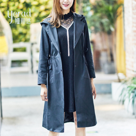 娅丽达女装2018秋季新款风衣女中长款纯色连帽韩版时尚外套商品大图
