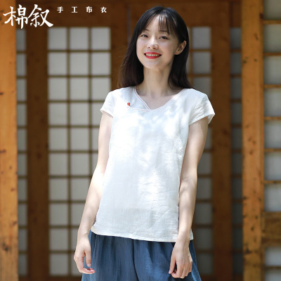 棉叙M8019 2018夏装新款中式复古女装上衣白衬衣棉麻短袖衬衫女