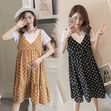 2019春夏新品纯棉白T+吊带a字宽松波点孕妇连衣裙两件套夏装潮妈