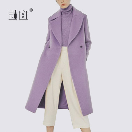 魅斑紫色修身羊毛呢外套2018秋冬新款女装中长款气质呢子大衣商品大图