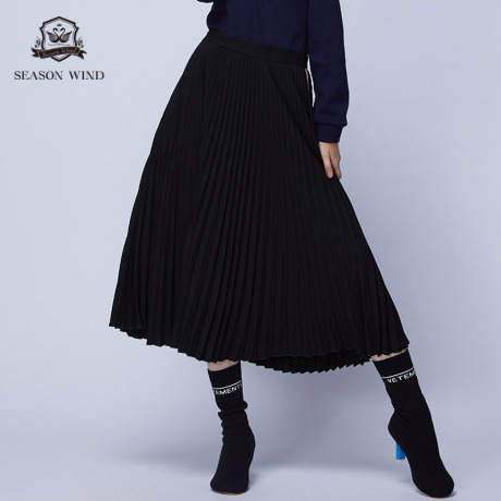 季候风2018冬季新款休闲宽松高腰中长款侧边纯色百褶裙女商品大图