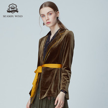 季候风2018秋季新品时尚纯色V领系带长袖西装女图片