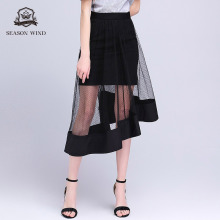 季候风2018夏季新品个性时尚双层网纱性感不规则中长款拼接半裙女图片