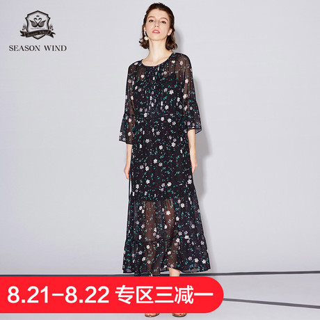 季候风2018夏季商场同款高腰圆领碎花冷淡风连衣裙女夏商品大图