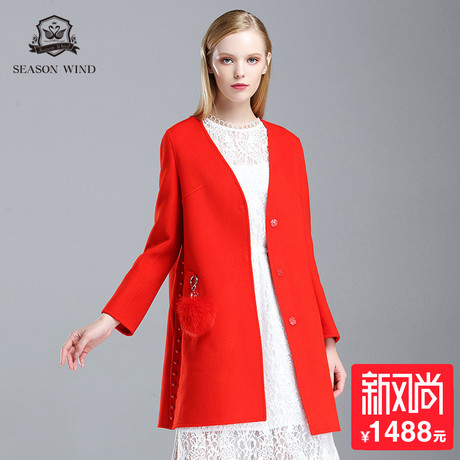 季候风2018秋季新款休闲中长款长袖纯色厚羊毛呢子大衣女商品大图