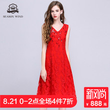 季候风2018夏季新款时尚优雅V领精美刺绣网纱无袖蕾丝连衣裙女夏图片