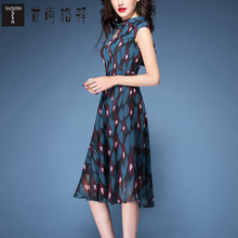 首尚格释2018夏装新款女装小立领无袖修身大摆雪纺连衣裙图片