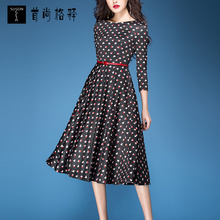 首尚格释秋装女2018新款气质修身收腰七分袖中长款大摆针织连衣裙图片