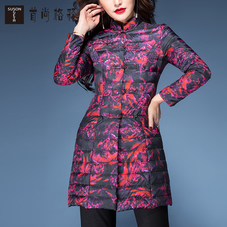 首尚格释冬季羽绒服女中长款2018新款修身印花中长款轻薄羽绒服潮商品大图