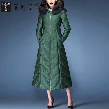 首尚格释2018冬装新款女装时尚修身连帽毛领加厚过膝中长款羽绒服商品大图