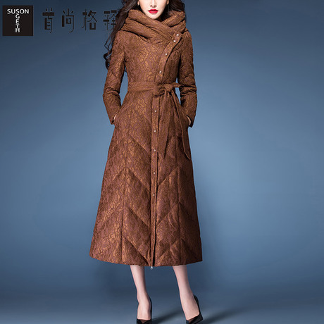首尚格释2018冬装新款女装连帽修身中长款蕾丝羽绒服商品大图