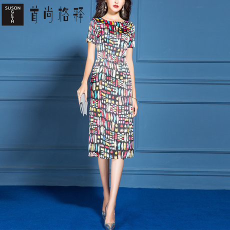首尚格释印花重磅真丝连衣裙2019新款夏桑蚕丝气质修身收腰裙子女商品大图