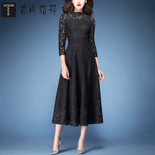 首尚格释2018春装新款女装小高领七分袖纯色大摆中长款蕾丝连衣裙图片