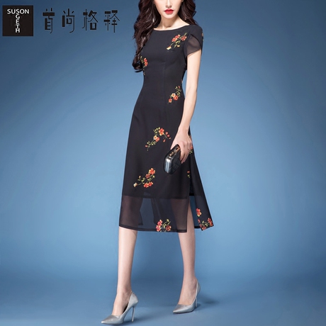 首尚格释雪纺连衣裙女夏2018新款气质中长款修身显瘦短袖黑色裙子商品大图