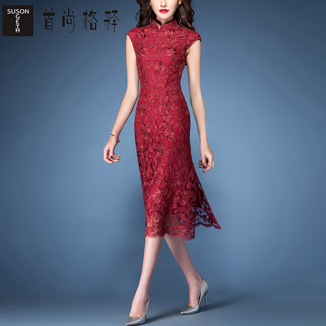 首尚格释包臀裙子女夏2018新款立领修身蕾丝中长款韩版红色连衣裙商品大图