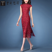 首尚格释包臀裙子女夏2018新款立领修身蕾丝中长款韩版红色连衣裙图片