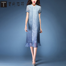 首尚格释2018夏装新款女装简约气质假两件立领宽松雪纺印花连衣裙图片