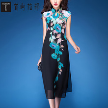 首尚格释女装2018夏季新品修身黑色雪纺印花旗袍领中长款连衣裙女图片