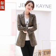 秋装2018新款chic女士韩版时尚修身格子小西装女装中长款西服外套图片