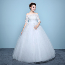 高腰婚纱蓬蓬裙 婚纱韩版 一字肩孕妇婚纱绑带大码 韩式婚纱2019新款