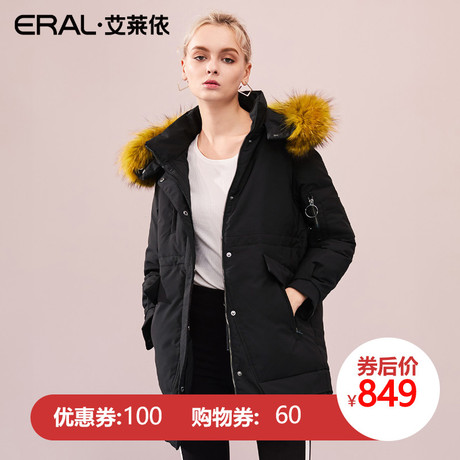 ERAL/艾莱依2018冬季新款长袖大毛领女式羽绒大衣617103038商品大图