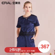 【门店直发】ERAL/艾莱依V领短袖修身蕾丝镂空雪纺衫女夏2018新款图片