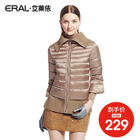 ERAL/艾莱依冬装毛线大翻领拼接撞色短款羽绒服韩版七分袖女2023D商品大图