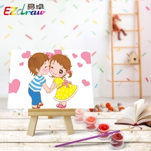 DIY手绘风景情侣儿童卡通 迷你数字油画 亲亲宝贝