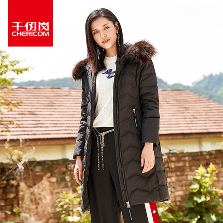 千仞岗2018冬季新款韩版貉子大毛领连帽中长款羽绒服女外套229281商品大图