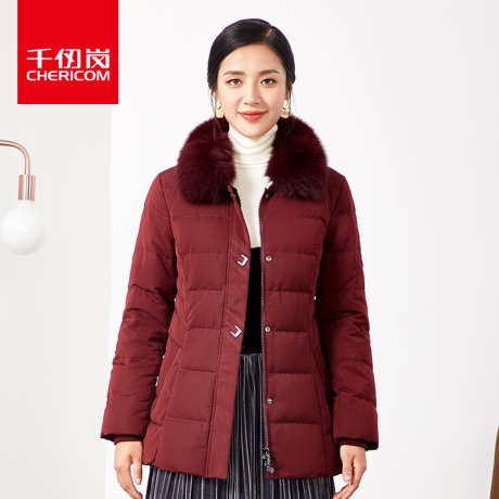 千仞岗女士狐狸毛领羽绒服2018秋冬休闲纯色中长款外套女229302商品大图