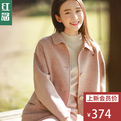 红念千鸟格羊毛呢外套女短款2018秋冬新款宽松蝙蝠袖呢子大衣女商品大图