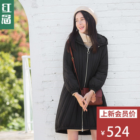 红念黑色连帽羽绒服女中长款2018冬装新款不规则上衣外套女大衣商品大图