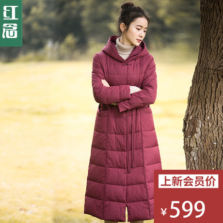 红念酒红色连帽轻薄款羽绒服女长过膝2018冬装新款修身上衣外套女商品大图