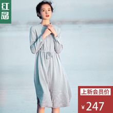 红念蓝色刺绣宽松连衣裙长袖秋装女2018新款中长款文艺棉质长裙子图片