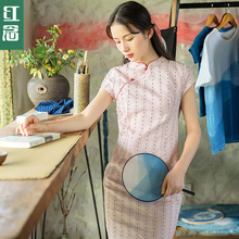 红念粉色改良版旗袍连衣裙女夏2018新款文艺气质小个子格子中裙子图片