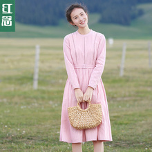 红念粉色连衣裙女长袖2018秋装新款中长款文艺小清新a字裙长裙子图片