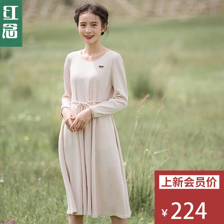 红念长袖宽松针织连衣裙秋装女2018新款中长款系带a字裙大码长裙商品大图