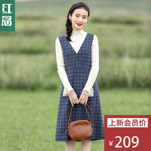 红念蓝色格子背心裙毛呢连衣裙秋装女2018新款文艺a字裙中裙子图片