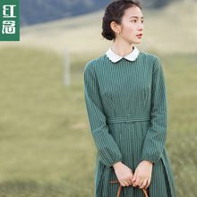 红念绿色娃娃领连衣裙女长袖2018秋装新款中长款a字裙条纹长裙子图片