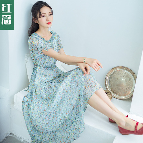 红念蓝色碎花雪纺连衣裙女夏装2018新款中长款文艺修身a字长裙子商品大图