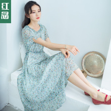 红念蓝色碎花雪纺连衣裙女夏装2018新款中长款文艺修身a字长裙子图片
