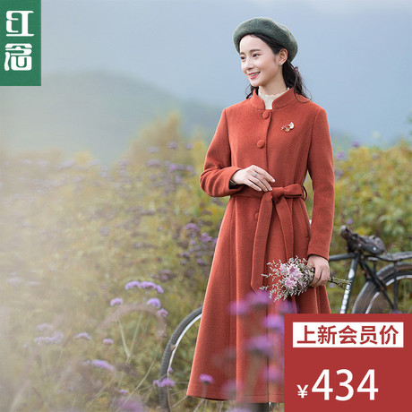 红念红色赫本风羊毛呢外套女秋冬季2018新款中长款修身呢子大衣女商品大图